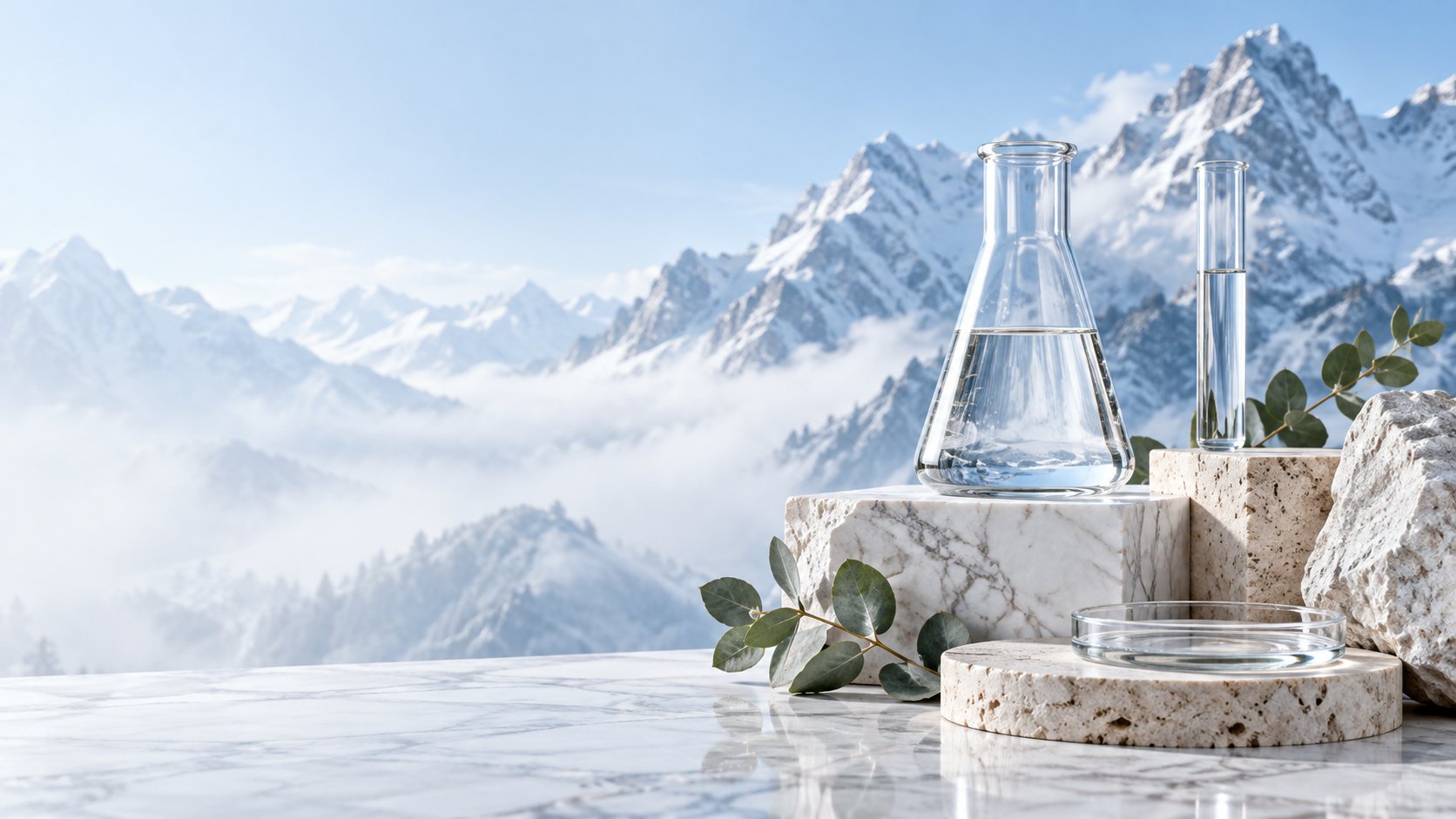 Laboratory glassware on white stone platforms in front of a snow-covered mountain range