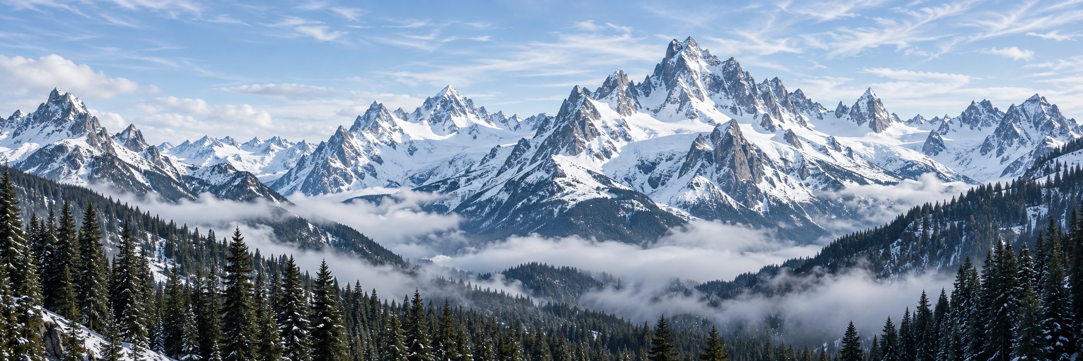 Snow-covered mountain range above a pine forest
